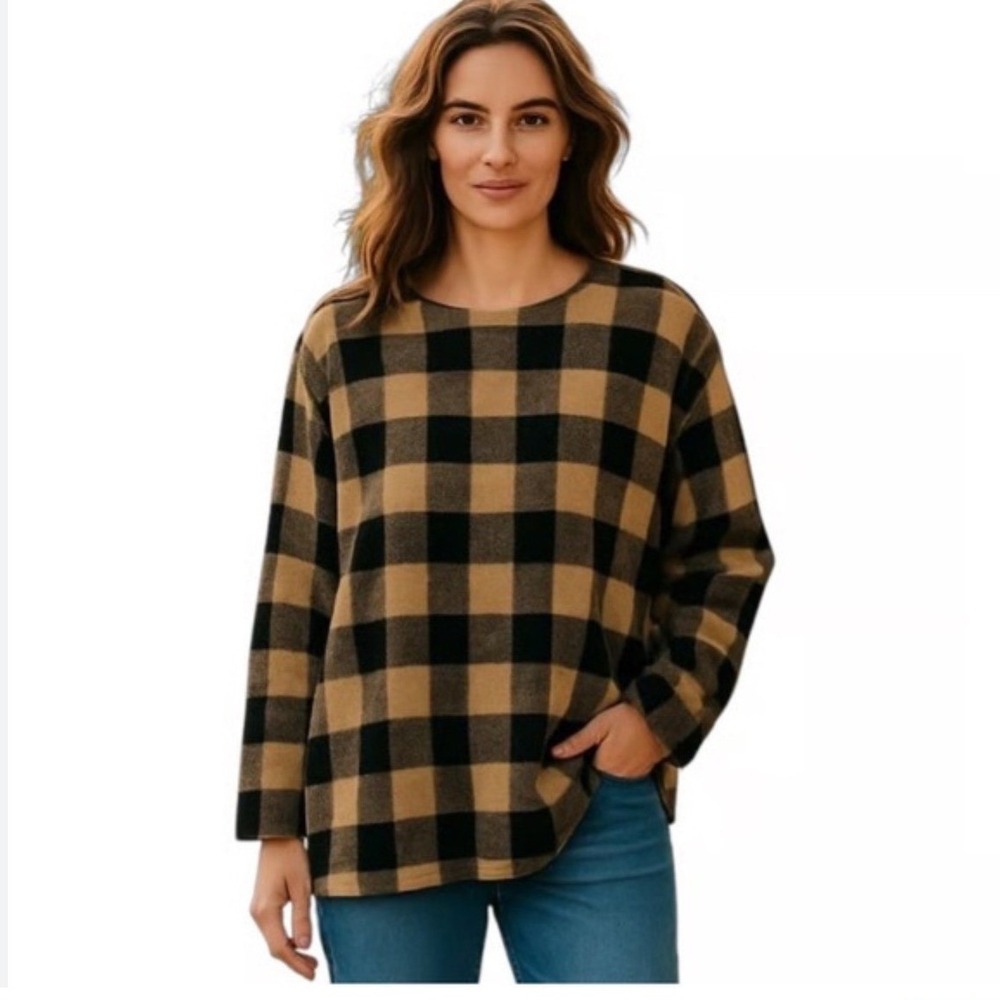 J‎ Jill Plaid Pullover Sweater Womens M Petite Tan Black Long Sleeve Casual